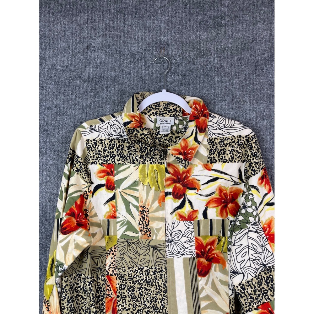 Graff Zip Front Jacket Womens Medium Multi Color Floral Leopard Cotton - Picture 2 of 13